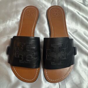 Tory Burch Black and Tan Slide Sandals